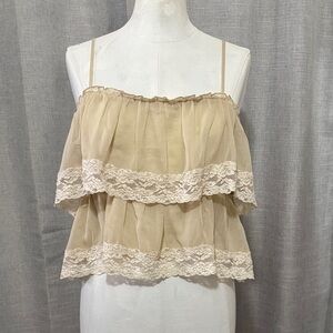 American Eagle Lace Trimmed Cropped Top-Sz M-Cream/White-Semi Sheer-Adj Straps
